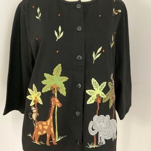 Onque Size L Tunic Cardigan Applique & Embroidered Elephants Monkey Palm Trees
